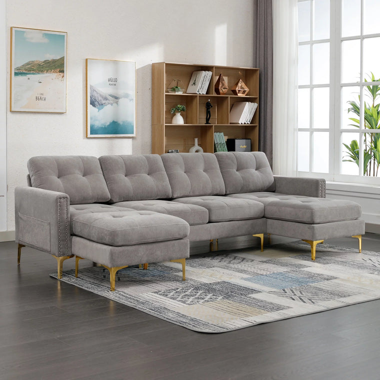 Soges U-Shaped Sectional Sofa with Ottoman, Convertible Couch for Living Room, 5 Seater Sofa, Gray, 110×54