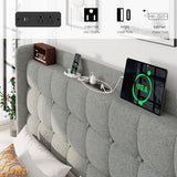 Queen Bed Frame, Upholstered Platform Bed with Charging Station, Modern Wingback Storage Headboard, Solid Wood Slats Support, No Box Spring Needed, Dark Gray