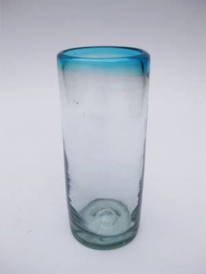 Mexican Blown Glass Highball Glasses Aqua Blue Rim (Set of 6)