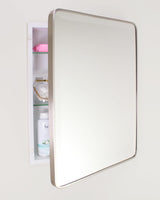 16×20 Austin Farmhouse Metal Framed Rounded Rectangle Recessed Bathroom Medicine Cabinet, Beveled Mirror, 14×18 in-Wall Opening, powder-coated Steel, Glass Shelves, Magnet Close, Brushed Nickel